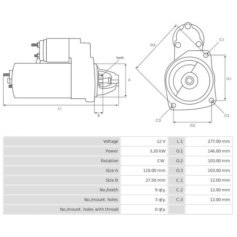 Motorino di avviamento 3.2 KW sostituisce MS207 / 0001230007 per Iveco / New Holland