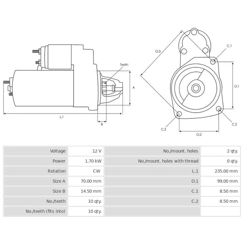 Démarreur remplace 0001108217 / 0001108218 Mercedes 1.7 kw