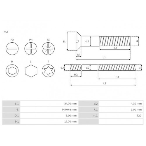 Vis de solenoide pour démarreur Bosch 0001107493 / 0001109401 / 0001121402