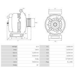 Alternateur remplace TG12C037 / 0986082220 / 7G9N10300CA Ford 120A