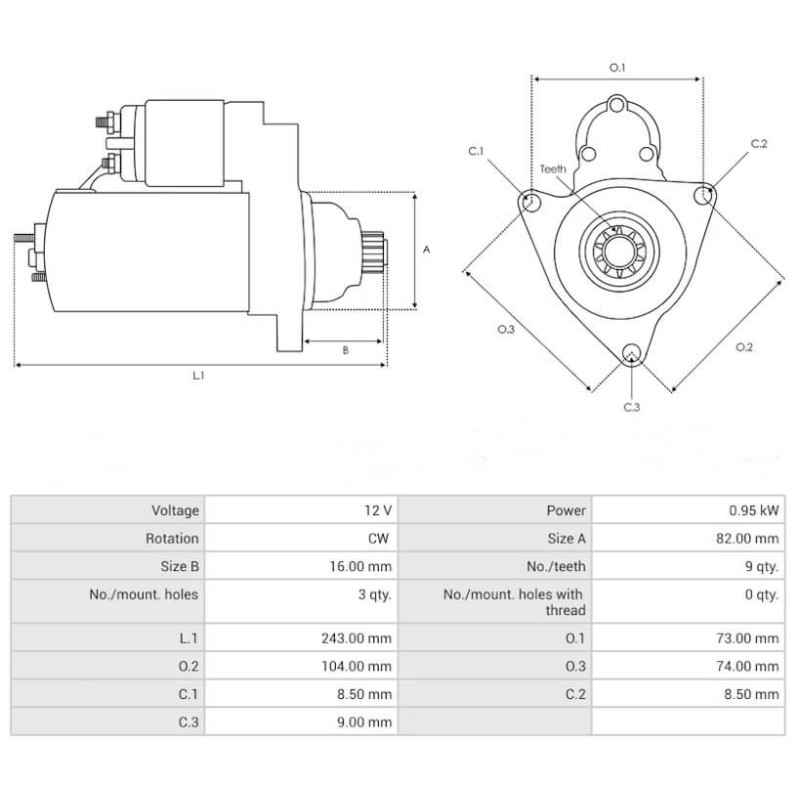 Démarreur remplace 0001212400 / 0001212401 / 027911023 0.95 kw Volkswagen