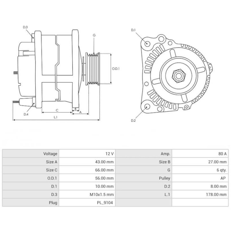 Lichtmaschine ersetzt A13VI87 / A13VI88 / A13VI89 Citroën/Peugeot 80A