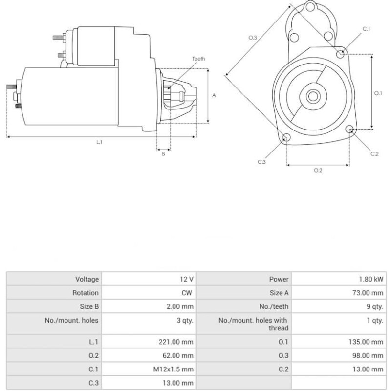 Démarreur remplace M1T81582 / M001T81582 / 0986026410 Mazda 1.8 kw