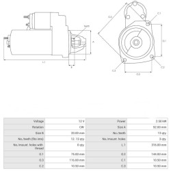 Démarreur remplace 0986010950 / 26355D / 27501A pour FORD TRANSIT / LDV CONVOY
