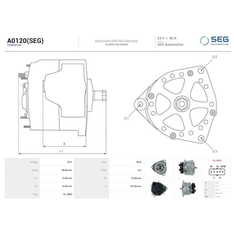 Alternator 0124555179 replaces 0124555003 / 0124555139 / 0986046560 for DAF truck