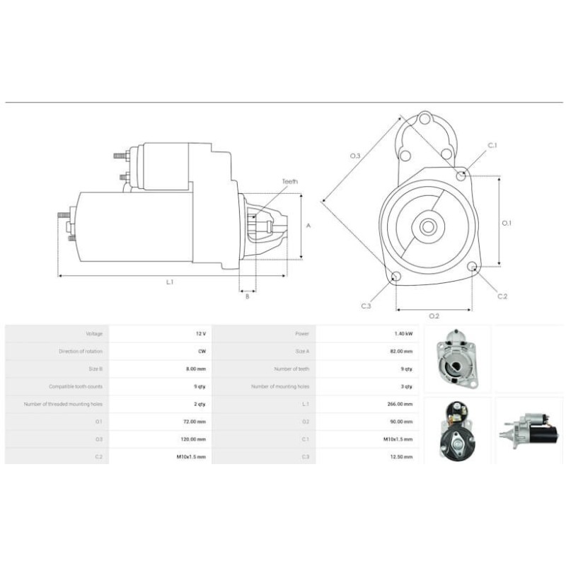 Starter motor replaces 0001108032 / 0001108066 / 0001108069 for Chrysler Le Baron / Voyager II