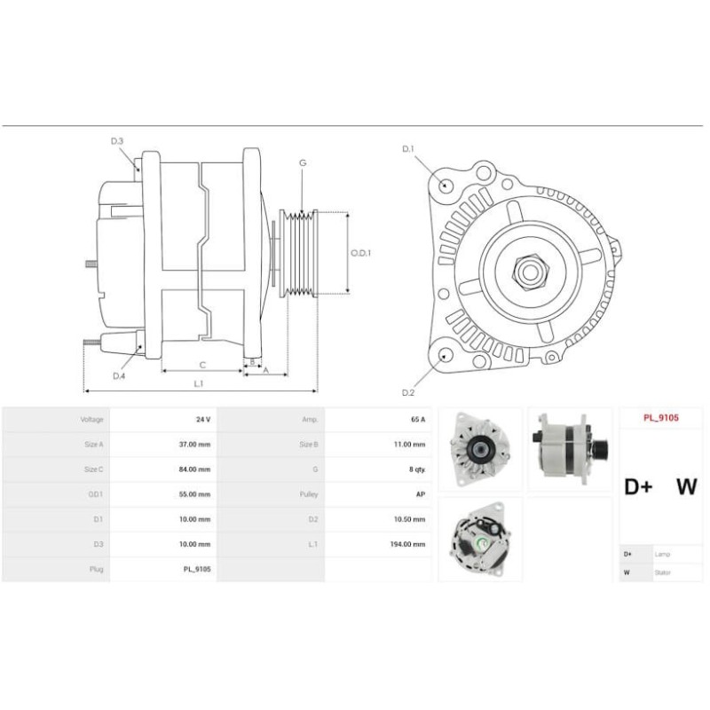 Alternateur remplace MG487 / 11.204.328 / 504271462 Iveco 65A